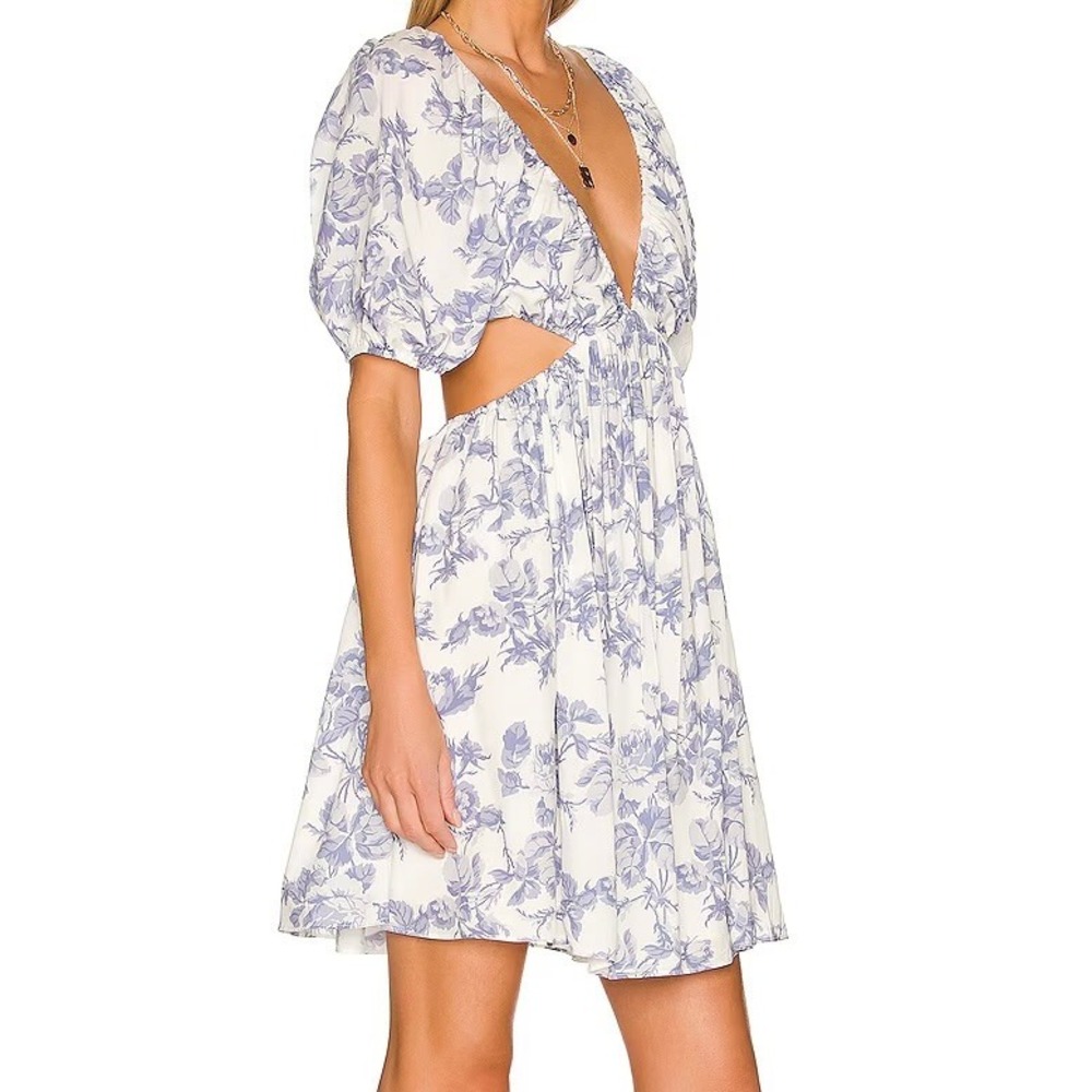 Bardot Eden Mini‎ Dress XL Lilac Blue Floral Side Cutouts Coquette BabyDoll Boho - Picture 13 of 16